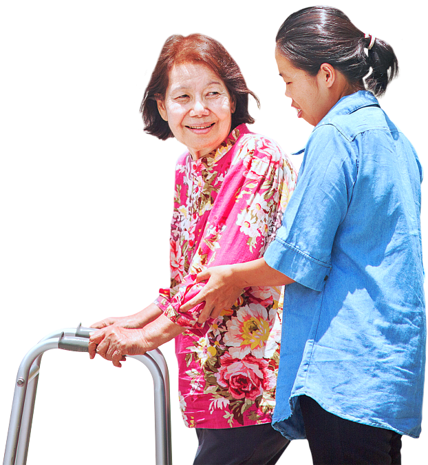 caregiver assisting the senior in walking