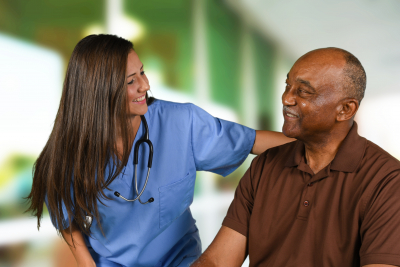 caregiver smiling at each other